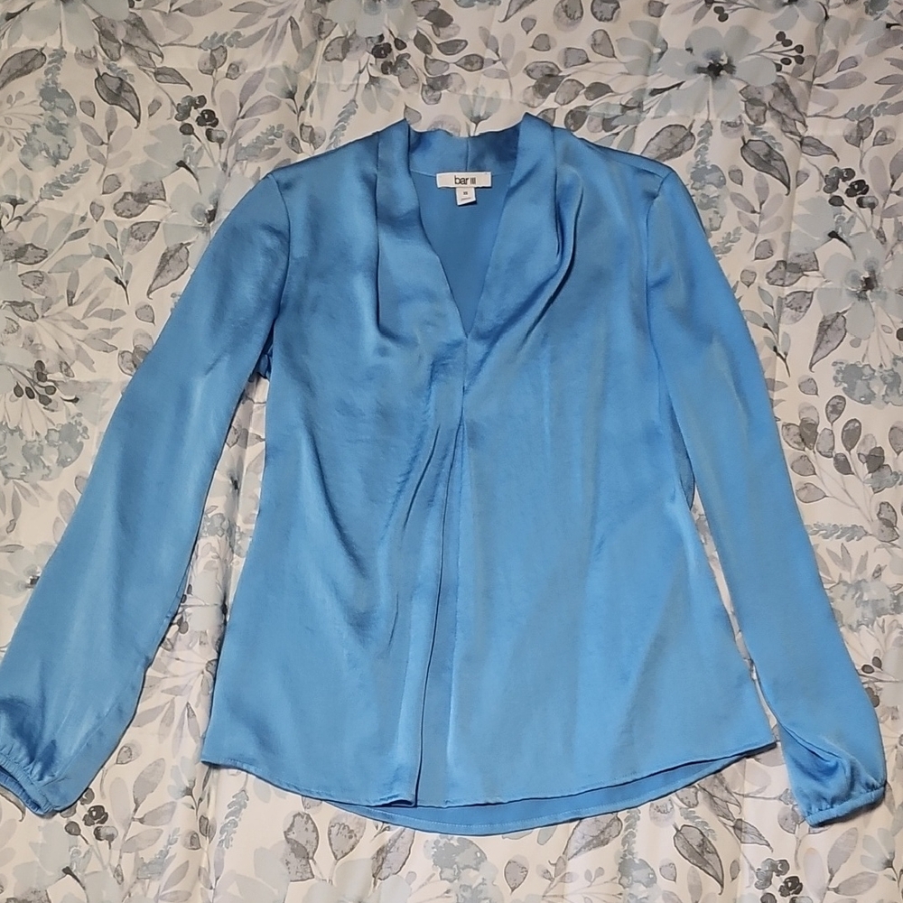 Bar III Sky Blue Satin V-Neck Long-Sleeve Blouse